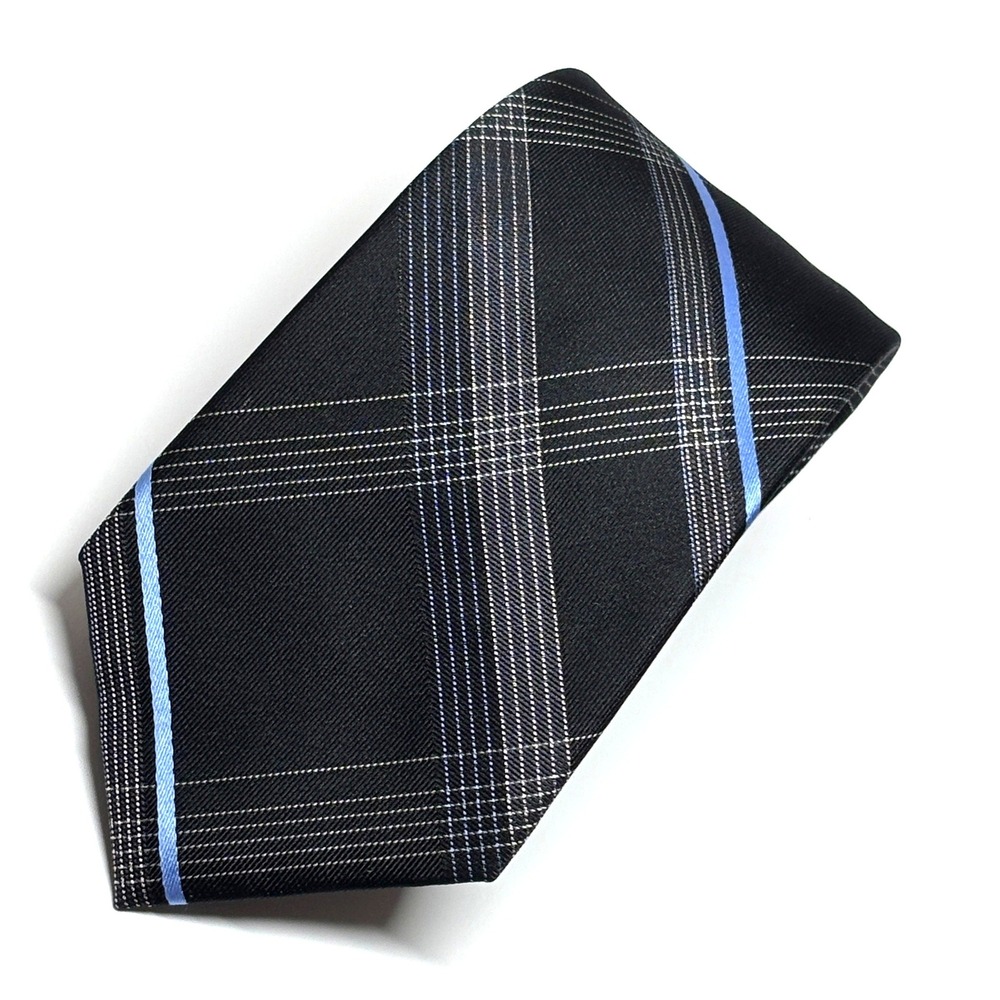 DKNY Necktie Mens OS Black Blue Plaid Silk Classic Professional Tie Corporate